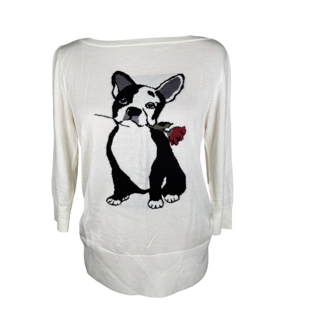 White House‎ Black Market French Bulldog Sweater Womens White Rayon Knit Rose